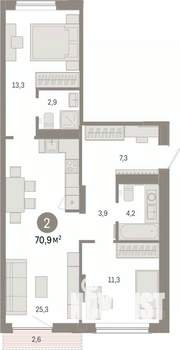 2-к квартира, вторичка, 71м2, 3/7 этаж