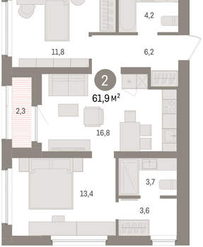 2-к квартира, вторичка, 62м2, 7/16 этаж