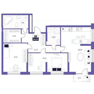 2-к квартира, строящийся дом, 84м2, 21/24 этаж