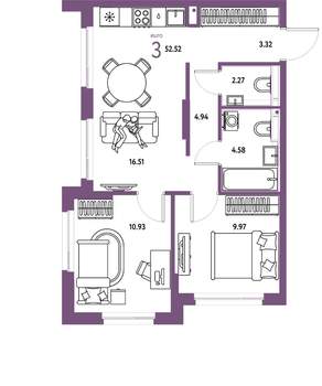 3-к квартира, вторичка, 53м2, 15/25 этаж