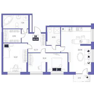 2-к квартира, строящийся дом, 84м2, 24/24 этаж