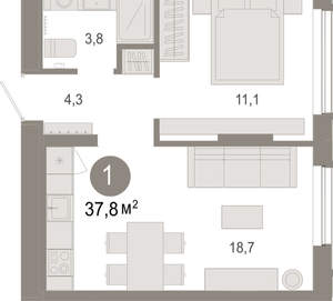1-к квартира, вторичка, 38м2, 3/17 этаж