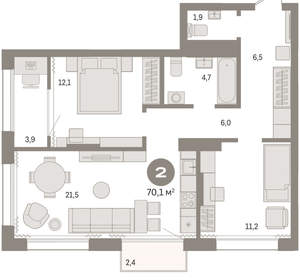 2-к квартира, вторичка, 70м2, 14/17 этаж