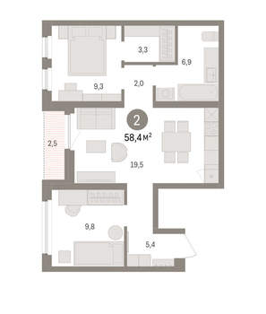2-к квартира, вторичка, 58м2, 5/16 этаж