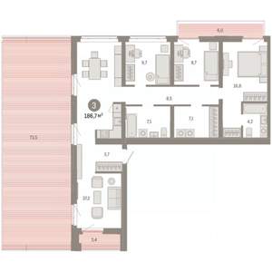 3-к квартира, вторичка, 187м2, 3/8 этаж