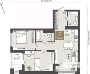 2-к квартира, вторичка, 68м2, 5/15 этаж