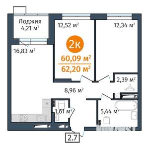 2-к квартира, вторичка, 60м2, 18/24 этаж