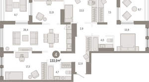 4-к квартира, вторичка, 134м2, 15/17 этаж