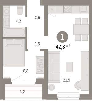 1-к квартира, вторичка, 42м2, 4/16 этаж