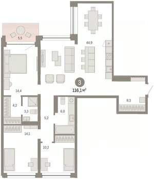 3-к квартира, вторичка, 116м2, 3/8 этаж