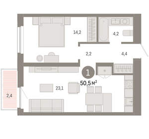 1-к квартира, вторичка, 50м2, 9/16 этаж