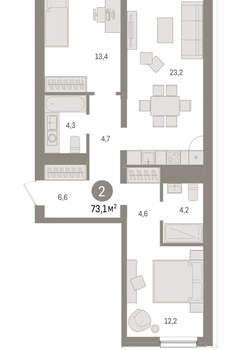 2-к квартира, вторичка, 73м2, 2/9 этаж