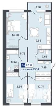 3-к квартира, строящийся дом, 80м2, 2/8 этаж