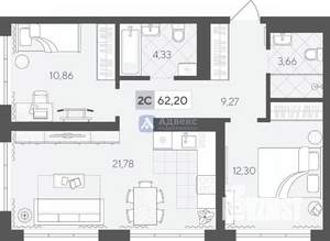 2-к квартира, вторичка, 62м2, 13/17 этаж