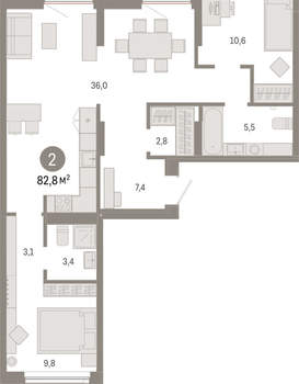 2-к квартира, вторичка, 83м2, 7/17 этаж