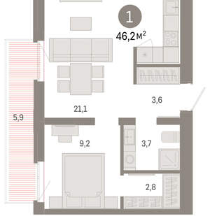 1-к квартира, вторичка, 46м2, 8/25 этаж