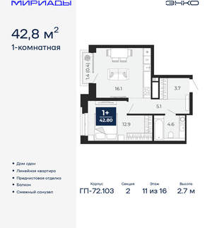 1-к квартира, сданный дом, 43м2, 11/16 этаж