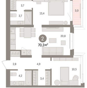 2-к квартира, вторичка, 70м2, 4/16 этаж