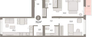2-к квартира, вторичка, 73м2, 8/25 этаж