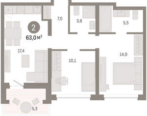 2-к квартира, вторичка, 63м2, 6/8 этаж