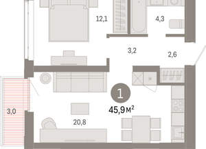 1-к квартира, вторичка, 46м2, 5/25 этаж