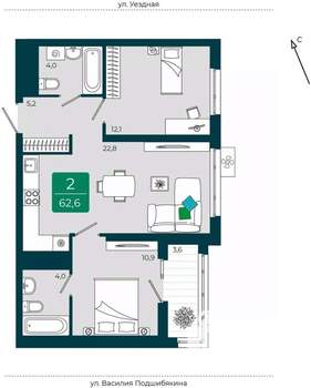 2-к квартира, вторичка, 63м2, 5/16 этаж