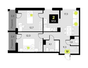 2-к квартира, вторичка, 57м2, 8/9 этаж