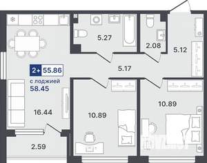 2-к квартира, строящийся дом, 56м2, 2/8 этаж