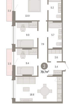 3-к квартира, вторичка, 80м2, 3/8 этаж