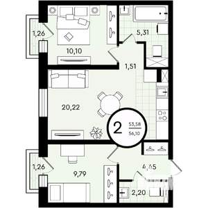 2-к квартира, строящийся дом, 56м2, 3/4 этаж