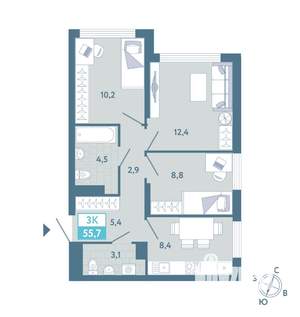 2-к квартира, вторичка, 56м2, 8/25 этаж