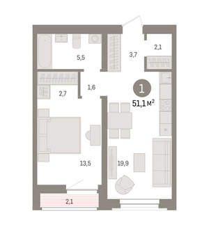 1-к квартира, вторичка, 51м2, 5/10 этаж