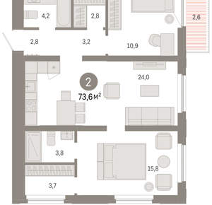 2-к квартира, вторичка, 74м2, 14/16 этаж