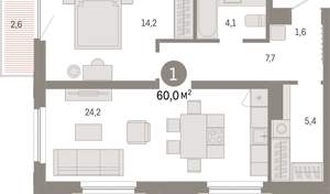 1-к квартира, вторичка, 60м2, 14/16 этаж