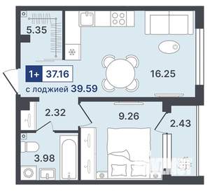 1-к квартира, строящийся дом, 37м2, 2/8 этаж