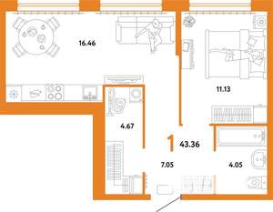 1-к квартира, вторичка, 43м2, 11/25 этаж