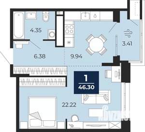 1-к квартира, вторичка, 46м2, 8/16 этаж
