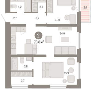 2-к квартира, вторичка, 74м2, 11/16 этаж