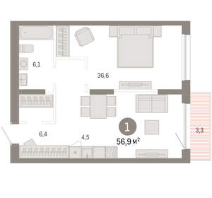 1-к квартира, вторичка, 57м2, 3/17 этаж