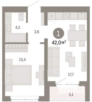 1-к квартира, вторичка, 42м2, 5/11 этаж