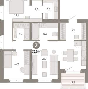 2-к квартира, вторичка, 86м2, 5/11 этаж