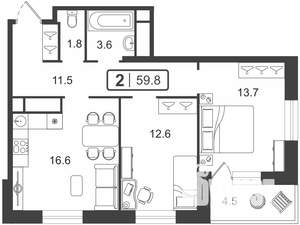 2-к квартира, вторичка, 60м2, 13/24 этаж