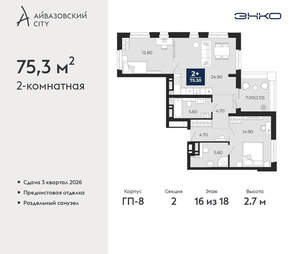 2-к квартира, вторичка, 75м2, 16/24 этаж