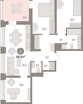 3-к квартира, вторичка, 89м2, 6/8 этаж