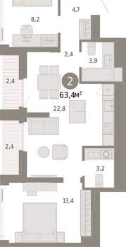 2-к квартира, вторичка, 63м2, 23/25 этаж