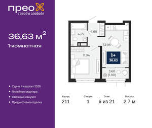 1-к квартира, вторичка, 37м2, 6/21 этаж