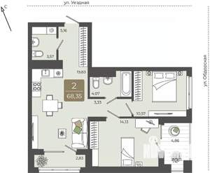 2-к квартира, вторичка, 68м2, 5/15 этаж