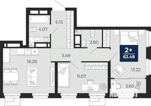 2-к квартира, вторичка, 62м2, 12/24 этаж