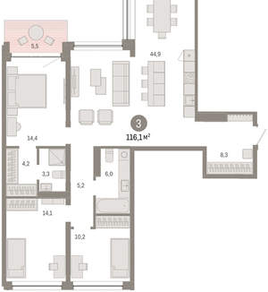 3-к квартира, вторичка, 116м2, 3/8 этаж