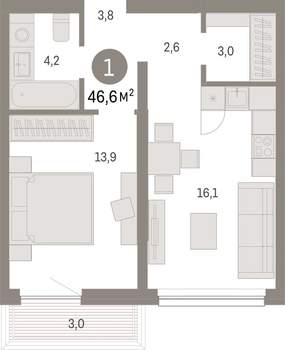 1-к квартира, вторичка, 47м2, 3/9 этаж